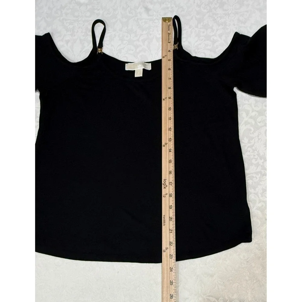 Michael Kors Cold Shoulder Top Womens Small Black Gold Chain Accent Short Sleeve